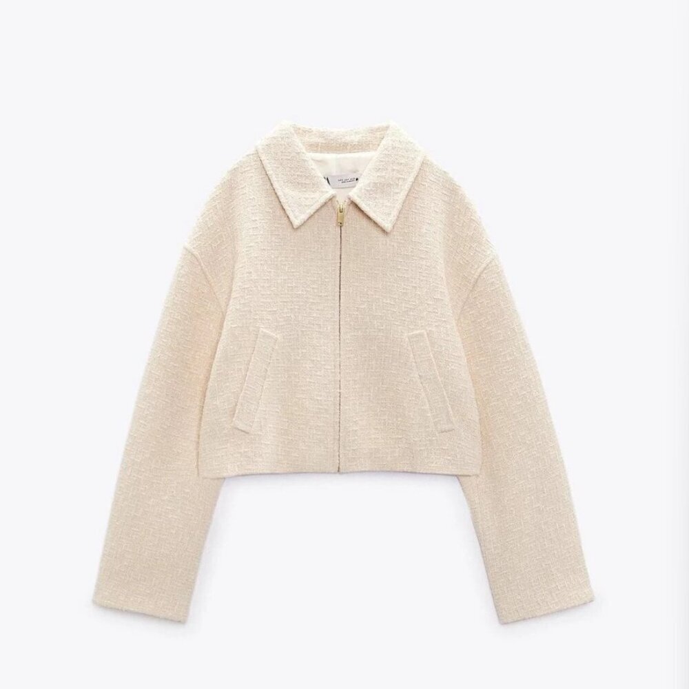 Zara Woven Cropped Bomber Jacket Ecru Cream White SIZE S 2920/469/712 - Picture 4 of 6